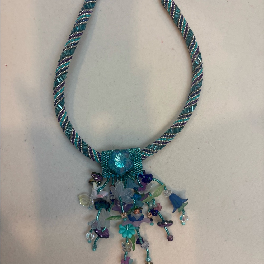 Elegant Beaded Necklace with Blue and Purple Accents one of a kind flower garden